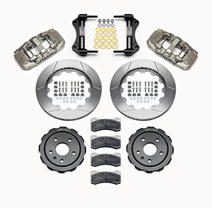 Wilwood AERO6 Big Brake Front Brake Kit (Race) Parts Laid Out - Nickel Plate Caliper - GT Slotted Rotor