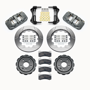 Wilwood AERO6 Big Brake Front Brake Kit (Race) Parts Laid Out - Type III Anodize Caliper - GT Slotted Rotor