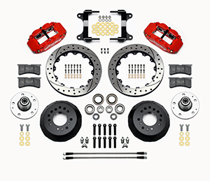 Wilwood Forged Narrow Superlite 6R Big Brake Front Brake Kit (Hub) Parts Laid Out - Red Powder Coat Caliper - SRP Drilled & Slotted Rotor