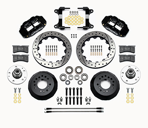 Wilwood Forged Narrow Superlite 6R Big Brake Front Brake Kit (Hub) Parts Laid Out - Black Powder Coat Caliper - SRP Drilled & Slotted Rotor