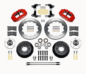 Wilwood Forged Narrow Superlite 6R Big Brake Front Brake Kit (Hub) Parts Laid Out - Red Powder Coat Caliper - GT Slotted Rotor