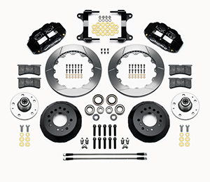 Wilwood Forged Narrow Superlite 6R Big Brake Front Brake Kit (Hub) Parts Laid Out - Black Powder Coat Caliper - GT Slotted Rotor