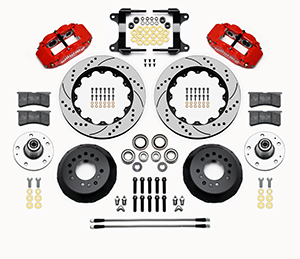 Wilwood Forged Narrow Superlite 6R Big Brake Front Brake Kit (Hub) Parts Laid Out - Red Powder Coat Caliper - SRP Drilled & Slotted Rotor