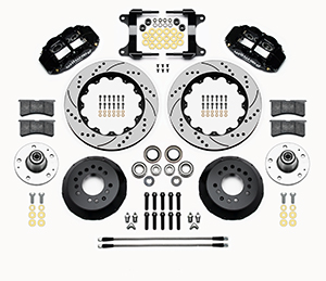 Wilwood Forged Narrow Superlite 6R Big Brake Front Brake Kit (Hub) Parts Laid Out - Black Powder Coat Caliper - SRP Drilled & Slotted Rotor