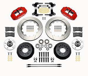 Wilwood Forged Narrow Superlite 6R Big Brake Front Brake Kit (Hub) Parts Laid Out - Red Powder Coat Caliper - GT Slotted Rotor