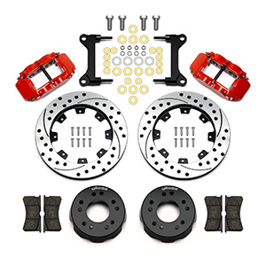 Wilwood Forged Narrow Superlite 6R Big Brake Front Brake Kit (Hat) Parts Laid Out - Red Powder Coat Caliper - SRP Drilled & Slotted Rotor