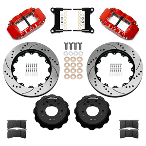 Wilwood Forged Narrow Superlite 6R Big Brake Front Brake Kit (Hat) Parts Laid Out - Red Powder Coat Caliper - SRP Drilled & Slotted Rotor