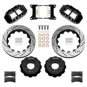 Wilwood Forged Narrow Superlite 6R Big Brake Front Brake Kit (Hat) Parts Laid Out - Black Powder Coat Caliper - SRP Drilled & Slotted Rotor