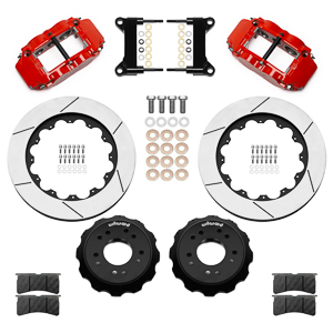 Wilwood Forged Narrow Superlite 6R Big Brake Front Brake Kit (Hat) Parts Laid Out - Red Powder Coat Caliper - GT Slotted Rotor