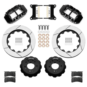 Wilwood Forged Narrow Superlite 6R Big Brake Front Brake Kit (Hat) Parts Laid Out - Black Powder Coat Caliper - GT Slotted Rotor