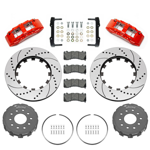 Wilwood SX6R Big Brake Dynamic Front Brake Kit Parts Laid Out - Red Powder Coat Caliper - SRP Drilled & Slotted Rotor