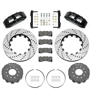 Wilwood SX6R Big Brake Dynamic Front Brake Kit Parts Laid Out - Black Powder Coat Caliper - SRP Drilled & Slotted Rotor