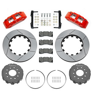 Wilwood SX6R Big Brake Dynamic Front Brake Kit Parts Laid Out - Red Powder Coat Caliper - GT Slotted Rotor