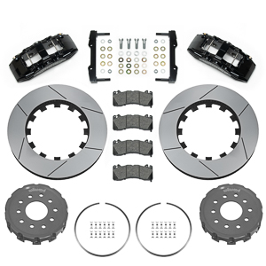 Wilwood SX6R Big Brake Dynamic Front Brake Kit Parts Laid Out - Black Powder Coat Caliper - GT Slotted Rotor