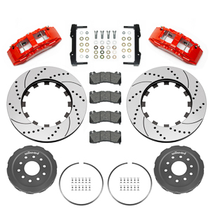 Wilwood SX6R Big Brake Dynamic Front Brake Kit Parts Laid Out - Red Powder Coat Caliper - SRP Drilled & Slotted Rotor