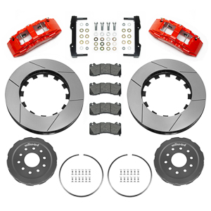 Wilwood SX6R Big Brake Dynamic Front Brake Kit Parts Laid Out - Red Powder Coat Caliper - GT Slotted Rotor