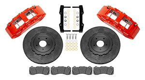 Wilwood SX6R WCCB Carbon-Ceramic Big Brake Front Brake Kit Parts Laid Out - Red Powder Coat Caliper - Plain Face Rotor