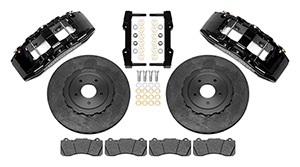 Wilwood SX6R WCCB Carbon-Ceramic Big Brake Front Brake Kit Parts Laid Out - Black Powder Coat Caliper - Plain Face Rotor