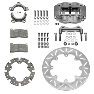 Wilwood Billet Narrow Dynalite Radial Mount Sprint Inboard Brake Kit Parts Laid Out - Type III Anodize Caliper - Slotted Rotor