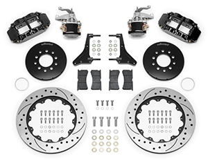 Wilwood Forged Narrow Superlite 4R-MC4 Big Brake Rear Parking Brake Kit Parts Laid Out - Black Powder Coat Caliper - SRP Drilled & Slotted Rotor