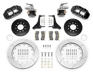 Wilwood Forged Narrow Superlite 4R-MC4 Big Brake Rear Parking Brake Kit Parts Laid Out - Black Powder Coat Caliper - GT Slotted Rotor