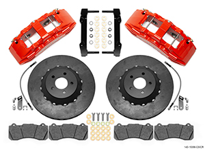 Wilwood SX6R WCCB Carbon-Ceramic Big Brake Front Brake Kit Parts Laid Out - Red Powder Coat Caliper - Plain Face Rotor