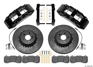 Wilwood SX6R WCCB Carbon-Ceramic Big Brake Front Brake Kit Parts Laid Out - Black Powder Coat Caliper - Plain Face Rotor