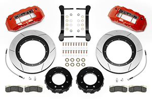 Wilwood TX6R Big Brake Truck Front Brake Kit Parts Laid Out - Red Powder Coat Caliper - GT Slotted Rotor