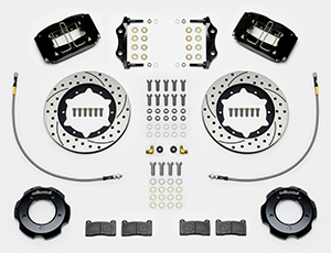 Wilwood Dynapro Radial Big Brake Front Brake Kit (Hat) Parts Laid Out - Black Powder Coat Caliper - SRP Drilled & Slotted Rotor