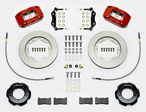 Wilwood Dynapro Radial Big Brake Front Brake Kit (Hat) Parts Laid Out - Red Powder Coat Caliper - Plain Face Rotor