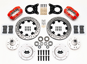 Wilwood Dynapro Dust-Boot Big Brake Front Brake Kit (Hub) Parts Laid Out - Red Powder Coat Caliper - SRP Drilled & Slotted Rotor