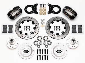 Wilwood Dynapro Dust-Boot Big Brake Front Brake Kit (Hub) Parts Laid Out - Black Powder Coat Caliper - SRP Drilled & Slotted Rotor