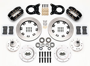 Wilwood Dynapro Dust-Boot Big Brake Front Brake Kit (Hub) Parts Laid Out - Black Powder Coat Caliper - Plain Face Rotor