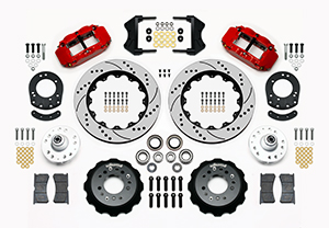 Wilwood Forged Narrow Superlite 6R Dust-Seal Big Brake Front Brake Kit (Hub) Parts Laid Out - Red Powder Coat Caliper - SRP Drilled & Slotted Rotor