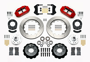 Wilwood Forged Narrow Superlite 6R Dust-Seal Big Brake Front Brake Kit (Hub) Parts Laid Out - Red Powder Coat Caliper - GT Slotted Rotor