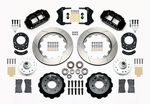 Wilwood Forged Narrow Superlite 6R Dust-Seal Big Brake Front Brake Kit (Hub) Parts Laid Out - Black Powder Coat Caliper - GT Slotted Rotor