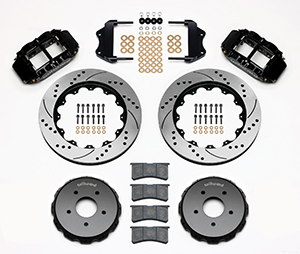 Wilwood Forged Narrow Superlite 6R Dust-Seal Big Brake Front Brake Kit (Hat) Parts Laid Out - Black Powder Coat Caliper - SRP Drilled & Slotted Rotor