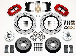 Wilwood Forged Narrow Superlite 6R Dust-Seal Big Brake Front Brake Kit (Hub) Parts Laid Out - Red Powder Coat Caliper - SRP Drilled & Slotted Rotor