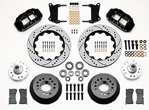 Wilwood Forged Narrow Superlite 6R Dust-Seal Big Brake Front Brake Kit (Hub) Parts Laid Out - Black Powder Coat Caliper - SRP Drilled & Slotted Rotor