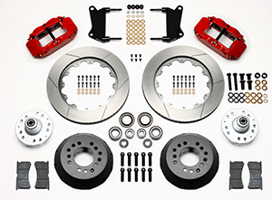 Wilwood Forged Narrow Superlite 6R Dust-Seal Big Brake Front Brake Kit (Hub) Parts Laid Out - Red Powder Coat Caliper - GT Slotted Rotor