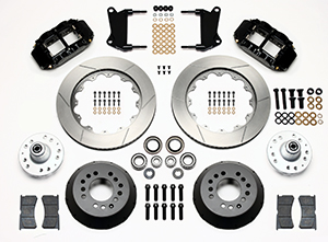 Wilwood Forged Narrow Superlite 6R Dust-Seal Big Brake Front Brake Kit (Hub) Parts Laid Out - Black Powder Coat Caliper - GT Slotted Rotor