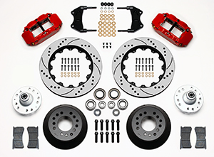 Wilwood Forged Narrow Superlite 6R Dust-Seal Big Brake Front Brake Kit (Hub) Parts Laid Out - Red Powder Coat Caliper - SRP Drilled & Slotted Rotor