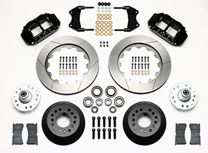 Wilwood Forged Narrow Superlite 6R Dust-Seal Big Brake Front Brake Kit (Hub) Parts Laid Out - Black Powder Coat Caliper - GT Slotted Rotor