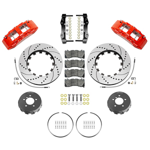 Wilwood SX6R Big Brake Dynamic Front Brake Kit Parts Laid Out - Red Powder Coat Caliper - SRP Drilled & Slotted Rotor