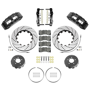 Wilwood SX6R Big Brake Dynamic Front Brake Kit Parts Laid Out - Black Powder Coat Caliper - SRP Drilled & Slotted Rotor