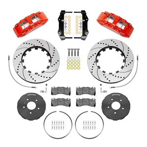 Wilwood SX6R Big Brake Dynamic Front Brake Kit Parts Laid Out - Red Powder Coat Caliper - SRP Drilled & Slotted Rotor