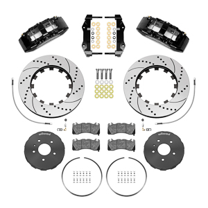 Wilwood SX6R Big Brake Dynamic Front Brake Kit Parts Laid Out - Black Powder Coat Caliper - SRP Drilled & Slotted Rotor