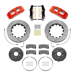 Wilwood SX6R Big Brake Dynamic Front Brake Kit Parts Laid Out - Red Powder Coat Caliper - GT Slotted Rotor