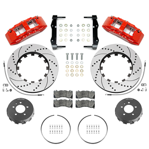 Wilwood SX6R Big Brake Dynamic Front Brake Kit Parts Laid Out - Red Powder Coat Caliper - SRP Drilled & Slotted Rotor