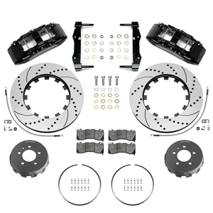 Wilwood SX6R Big Brake Dynamic Front Brake Kit Parts Laid Out - Black Powder Coat Caliper - SRP Drilled & Slotted Rotor